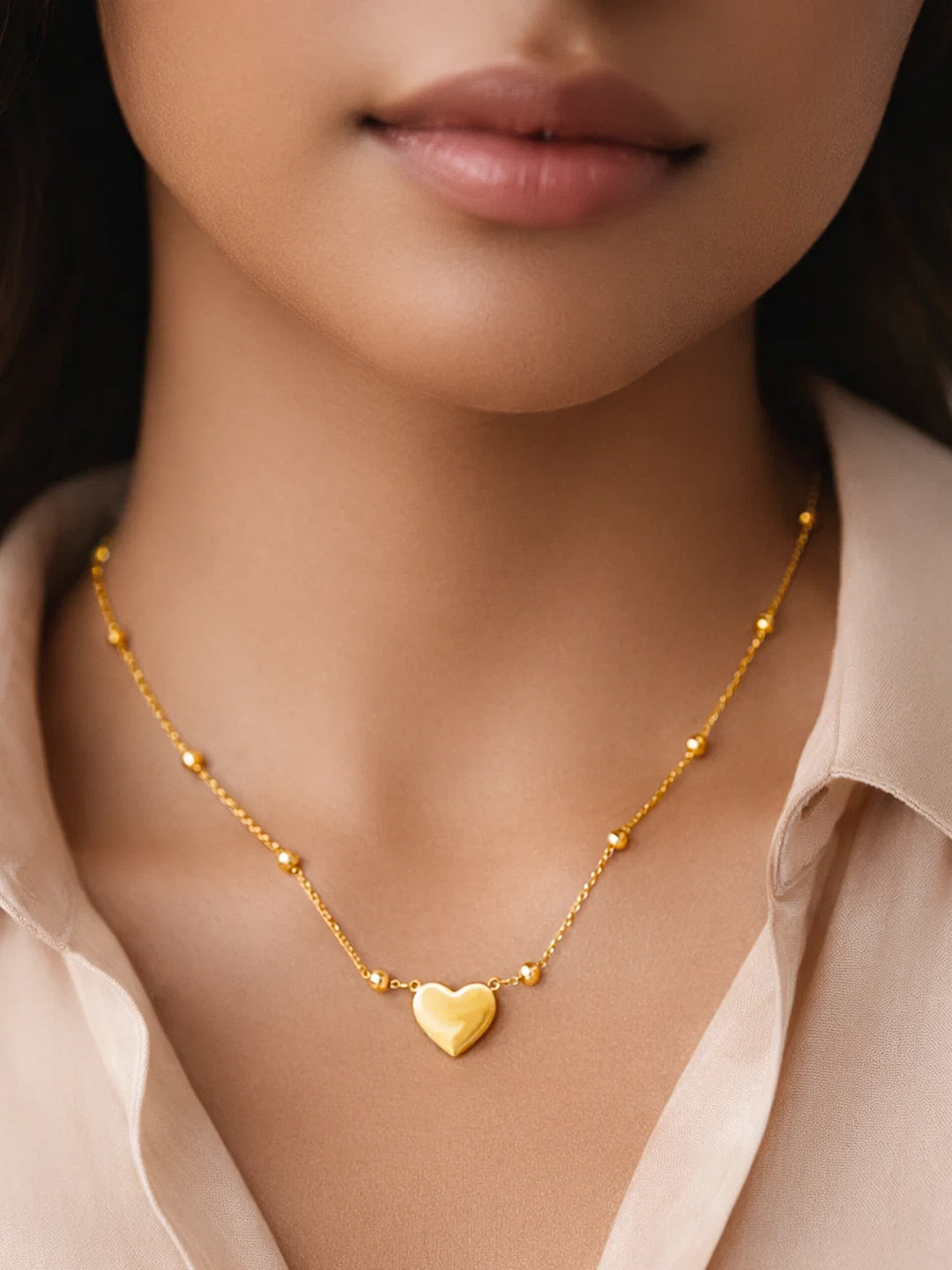 Demi Fine 18K Gold Plated Stainless steel Beaded Chain Heart Pendant Necklace Length - 21 cm