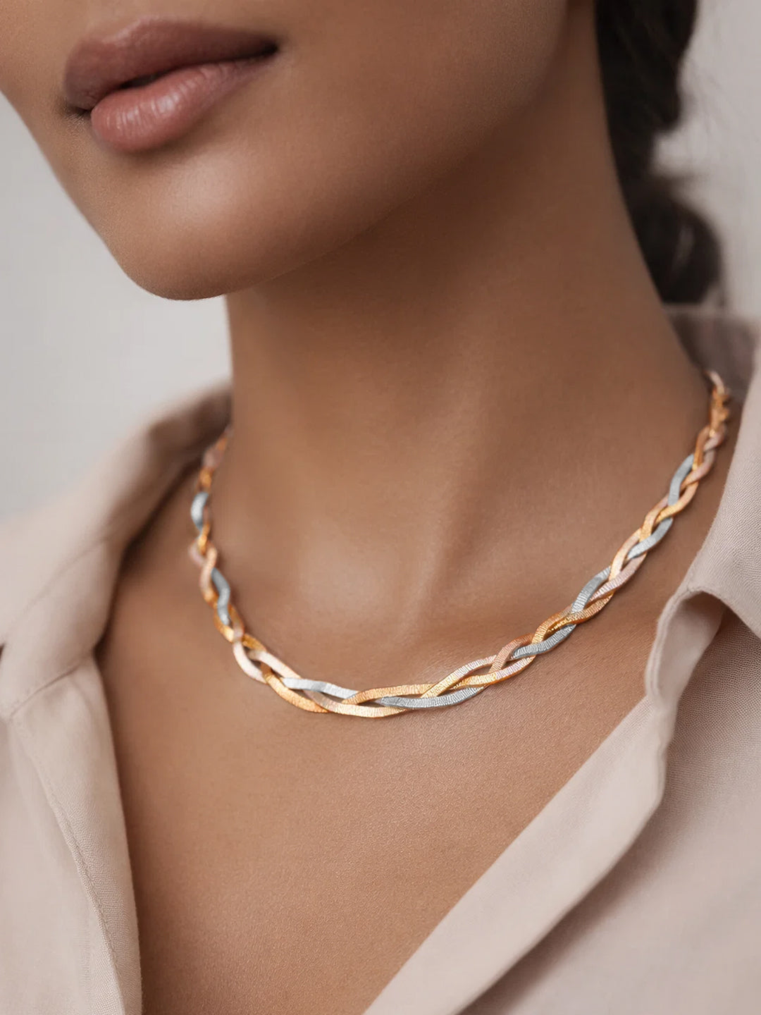 Demi Fine Triple Tone Stainless steel Twisted Snake Chain Necklace Length - 19.5 cm