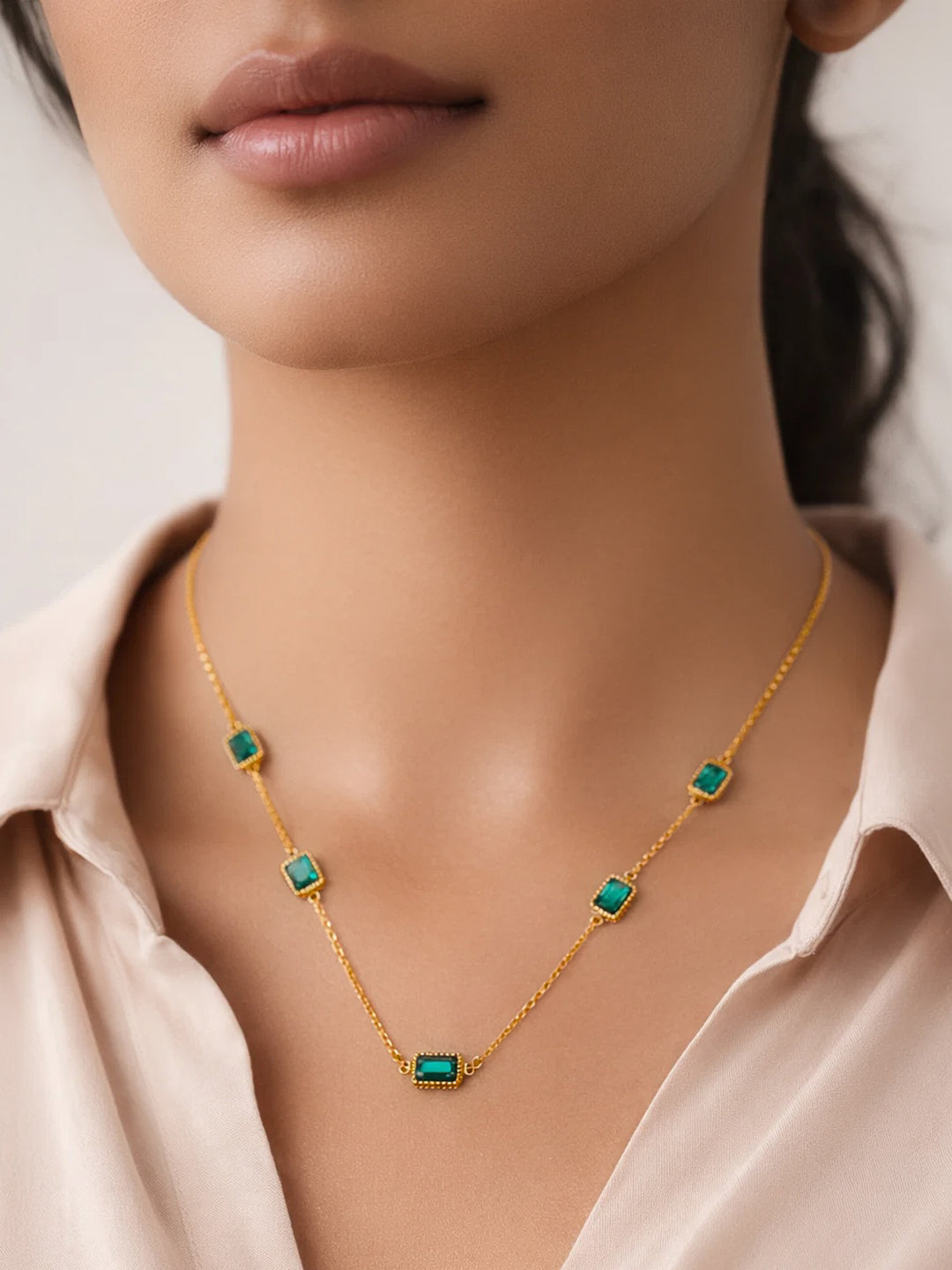 Demi Fine 18K Gold Plated Stainless steel Chain Emerald Green Necklace Length - 20 cm