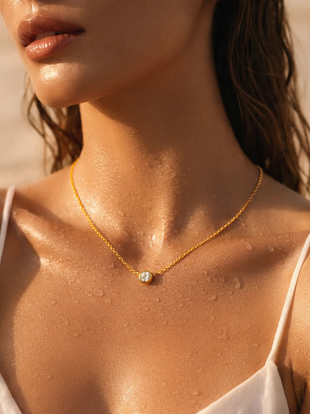 Demi Fine 18K Gold Plated Stainless steel Chain Round Crystal Pendant Necklace Length - 19.1 cm