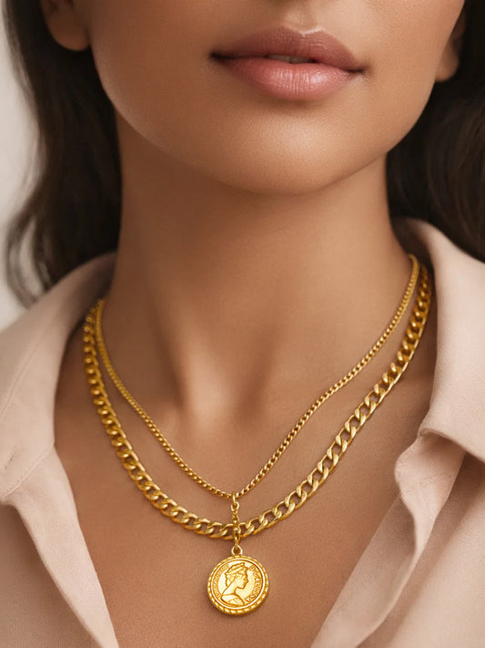 【Rubans】 Demi Fine Gold-Plated Coin Pendant Layered Chain Necklace｜デミファイン ゴールドメッキ コインペンダント レイヤード チェーンネックレス