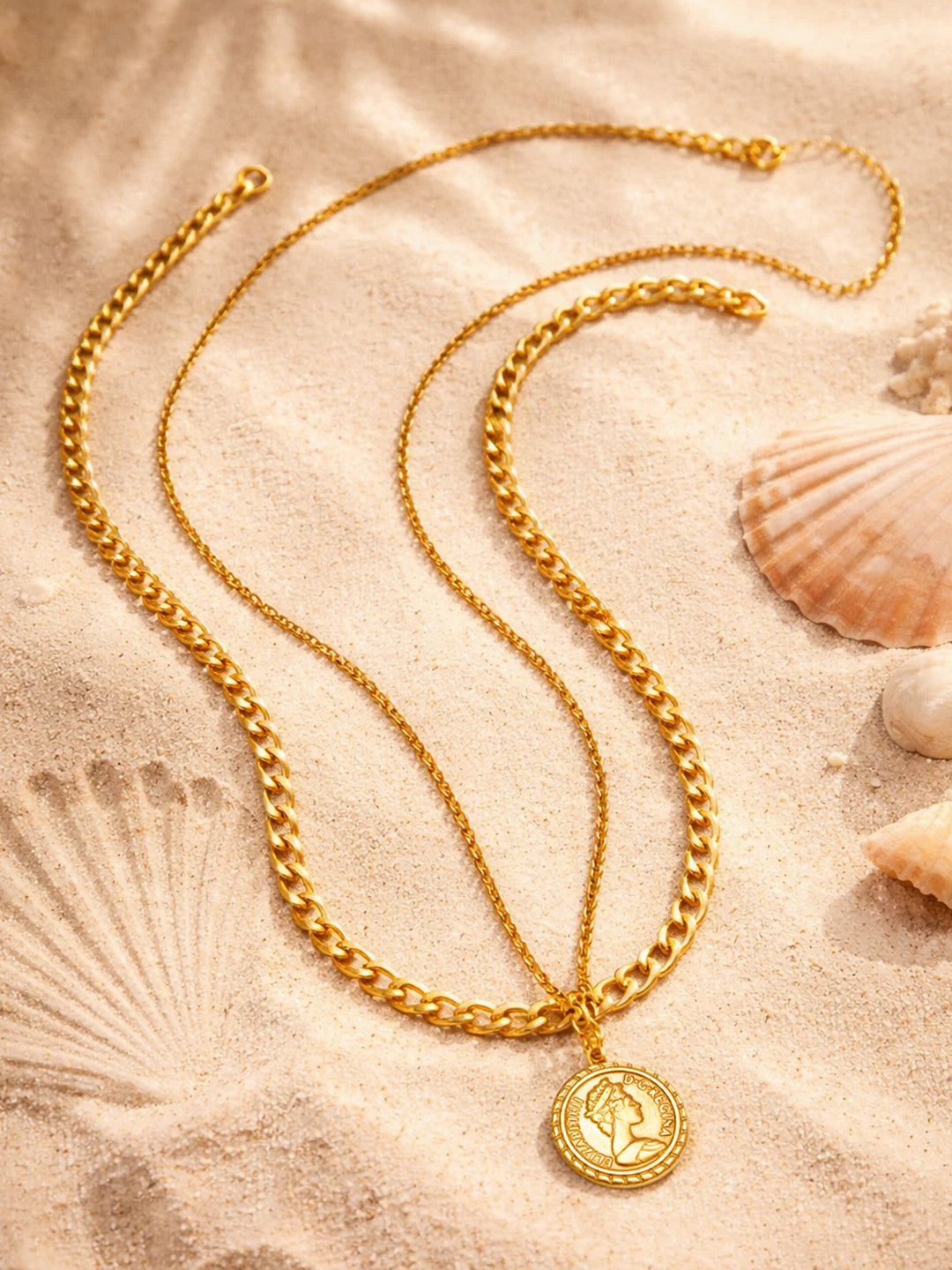 【Rubans】 Demi Fine Gold-Plated Coin Pendant Layered Chain Necklace｜デミファイン ゴールドメッキ コインペンダント レイヤード チェーンネックレス