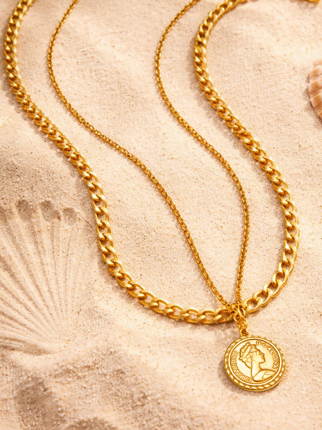 【Rubans】 Demi Fine Gold-Plated Coin Pendant Layered Chain Necklace｜デミファイン ゴールドメッキ コインペンダント レイヤード チェーンネックレス