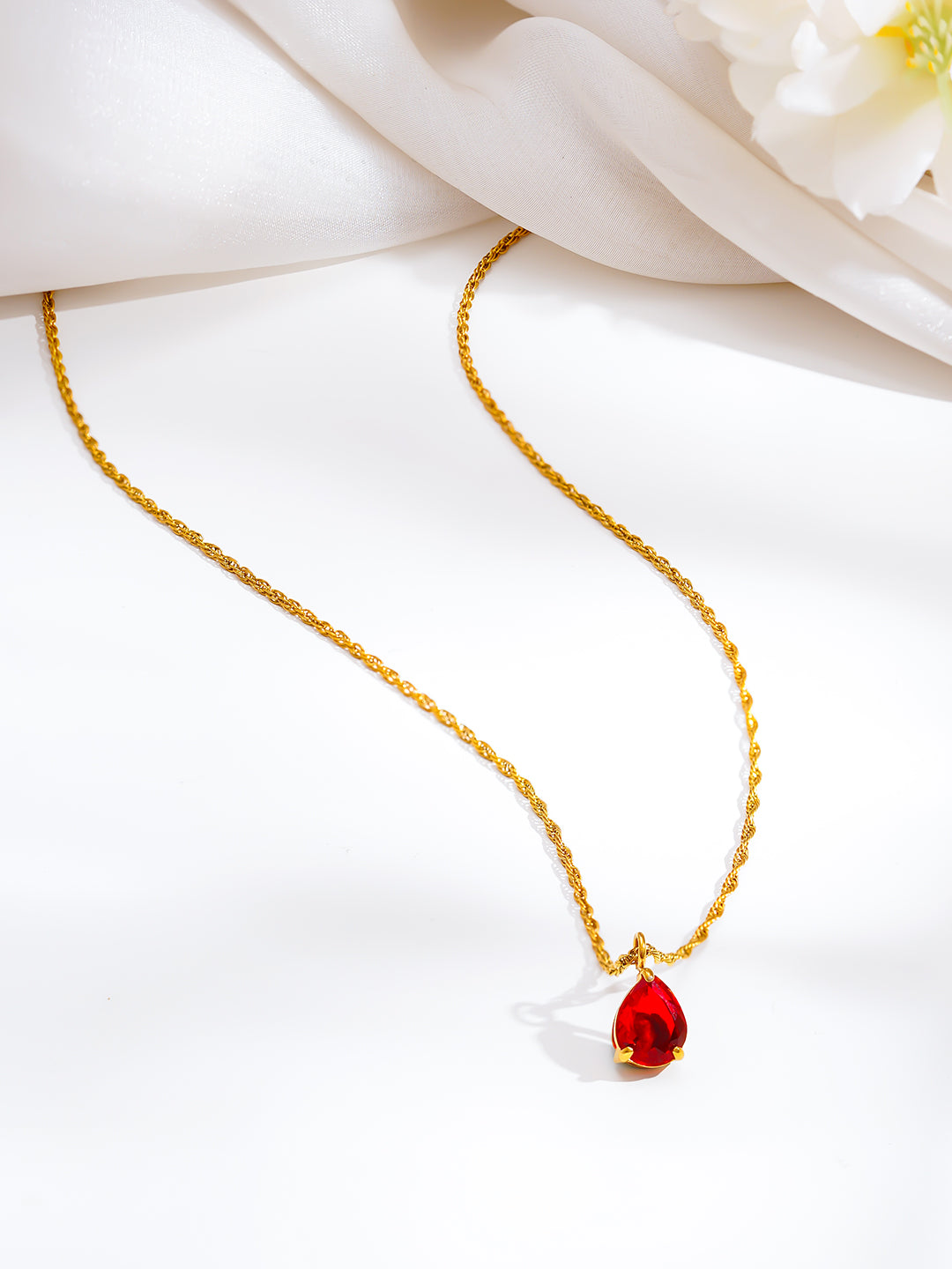 Demi Fine 18K Gold Plated Stainless steel Teardrop Ruby Charm Pendant Chain Length - 21.5 cm