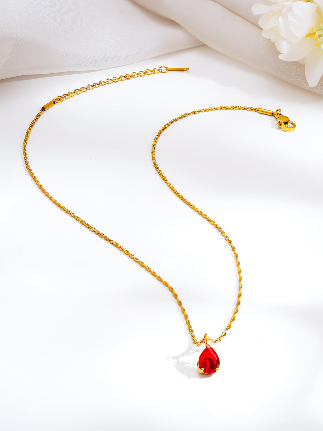 Demi Fine 18K Gold Plated Stainless steel Teardrop Ruby Charm Pendant Chain Length - 21.5 cm