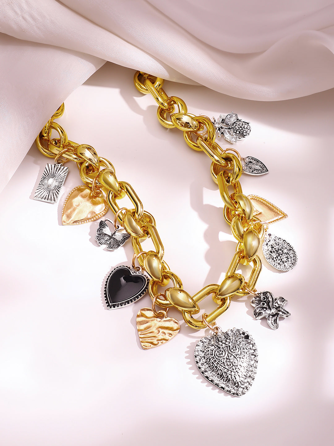 【Rubans】 Dual Tone Heart Charm Chunky Chain Necklace｜デュアルトーン ハートチャーム チャンキーチェーン ネックレス
