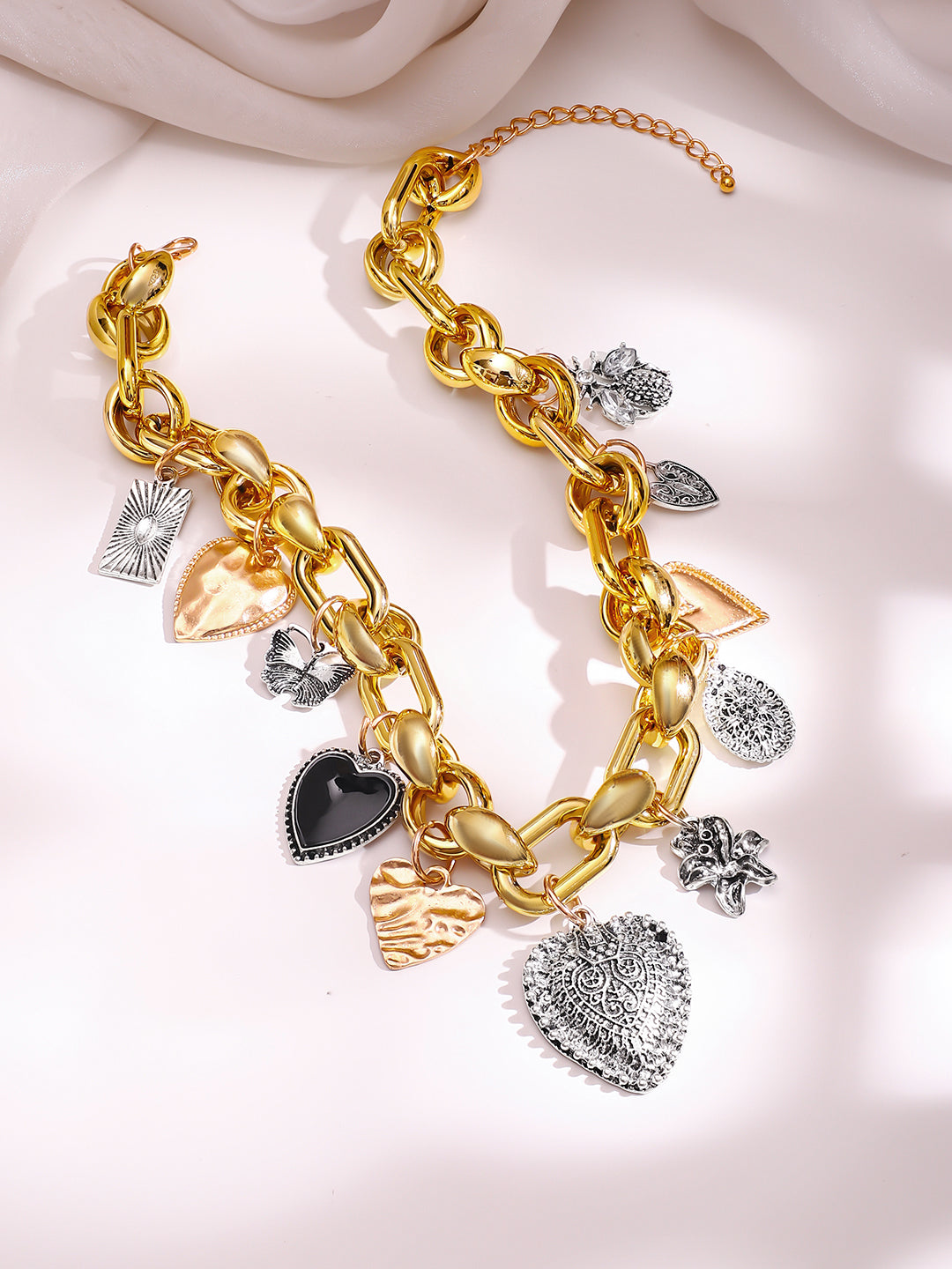 【Rubans】 Dual Tone Heart Charm Chunky Chain Necklace｜デュアルトーン ハートチャーム チャンキーチェーン ネックレス