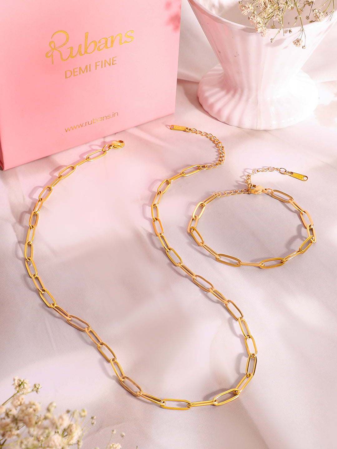 Demi Fine 18K Gold Plated Stainless Steel Paperclip Necklace & Bracelet Set フリーサイズ