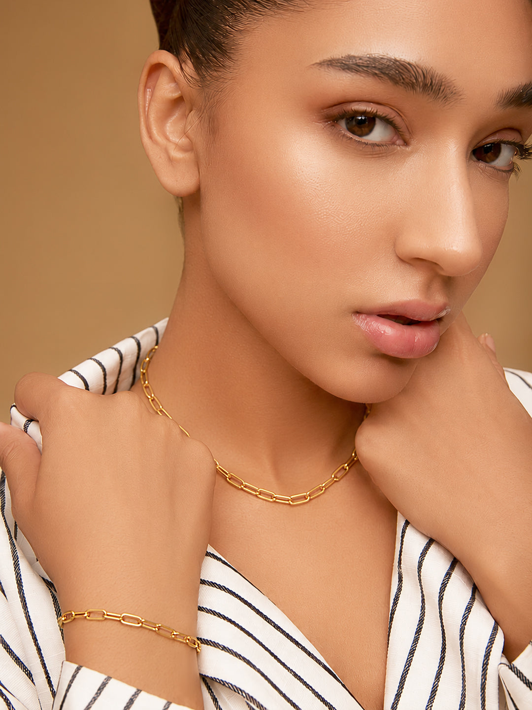 Demi Fine 18K Gold Plated Stainless Steel Paperclip Necklace & Bracelet Set フリーサイズ