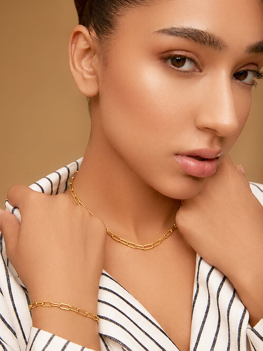 Demi Fine 18K Gold Plated Stainless Steel Paperclip Necklace & Bracelet Set フリーサイズ