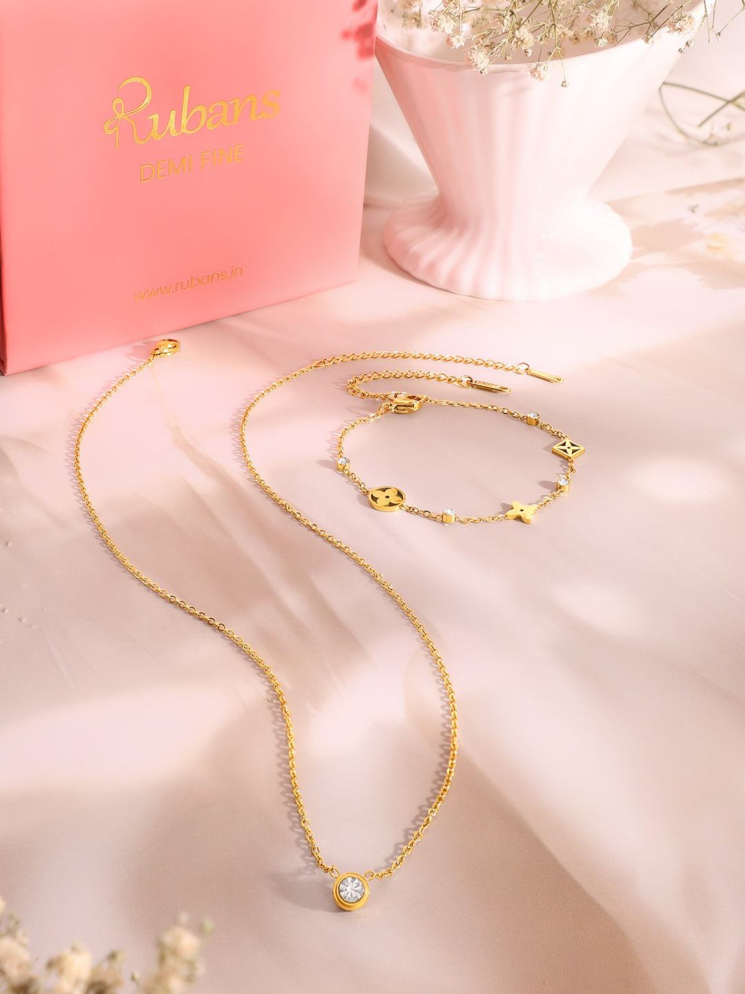 Demi Fine 18K Gold Plated Stainless Steel Crystal Necklace & Bracelet Set フリーサイズ