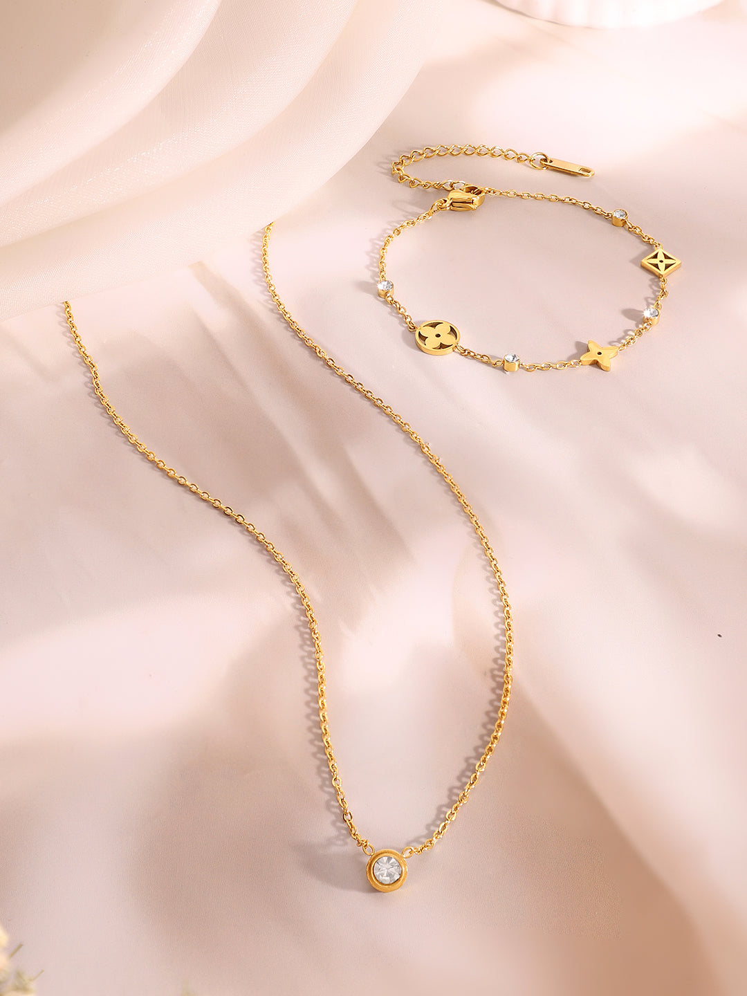 Demi Fine 18K Gold Plated Stainless Steel Crystal Necklace & Bracelet Set フリーサイズ
