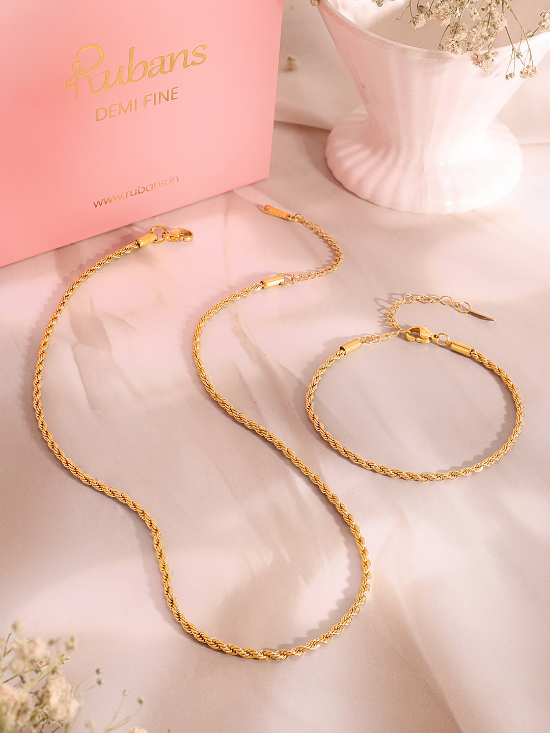 Demi Fine 18k Gold Plated Stainless Steel Twisted Rope Chain & Bracelet Set フリーサイズ