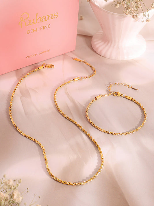 Demi Fine 18k Gold Plated Stainless Steel Twisted Rope Chain & Bracelet Set フリーサイズ
