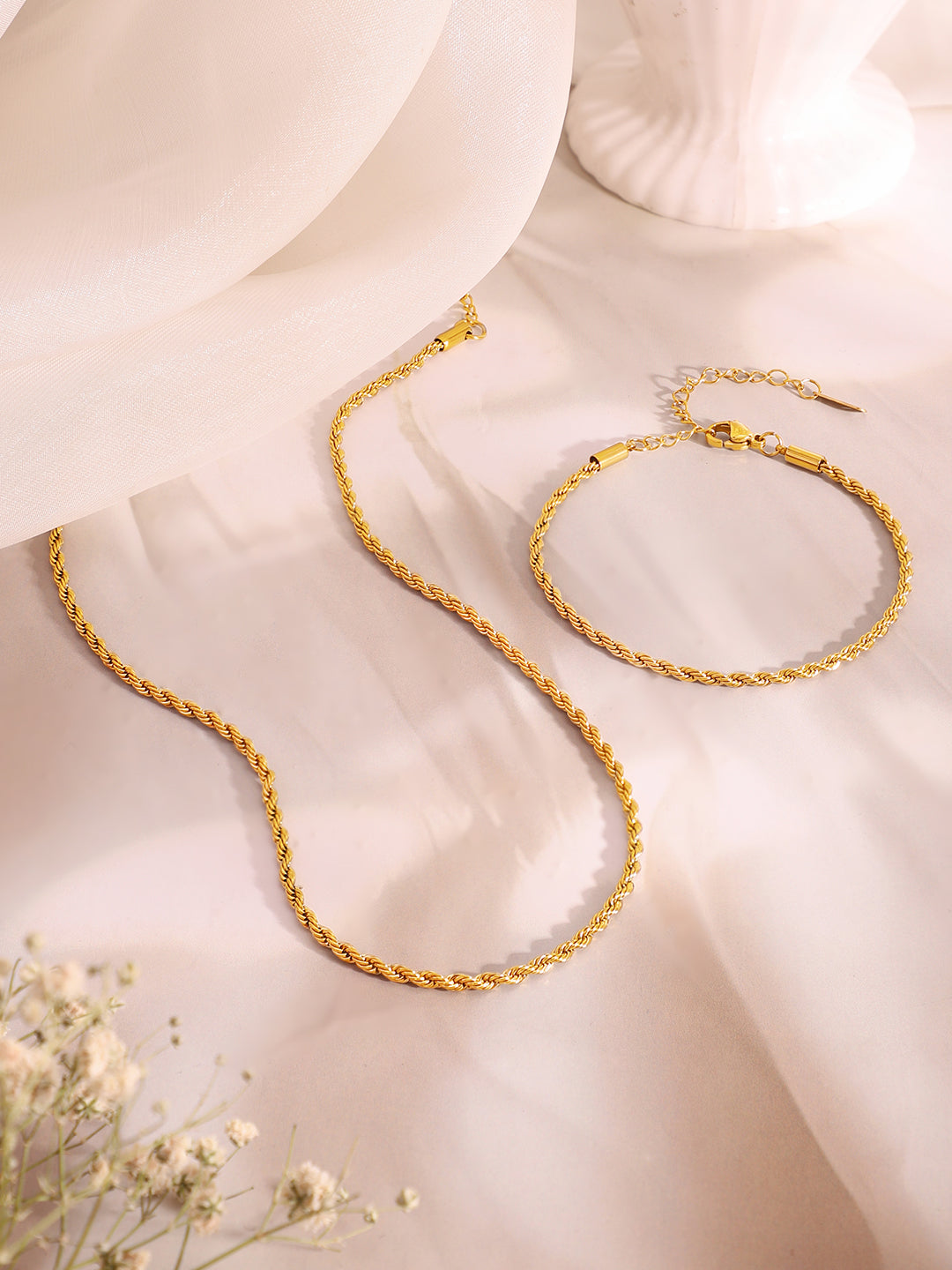 Demi Fine 18k Gold Plated Stainless Steel Twisted Rope Chain & Bracelet Set フリーサイズ