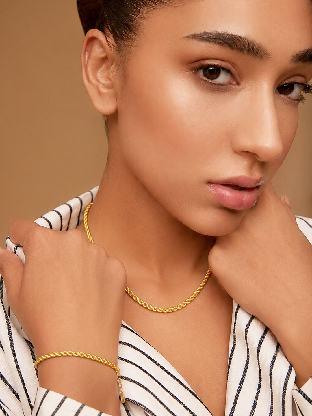 Demi Fine 18k Gold Plated Stainless Steel Twisted Rope Chain & Bracelet Set フリーサイズ