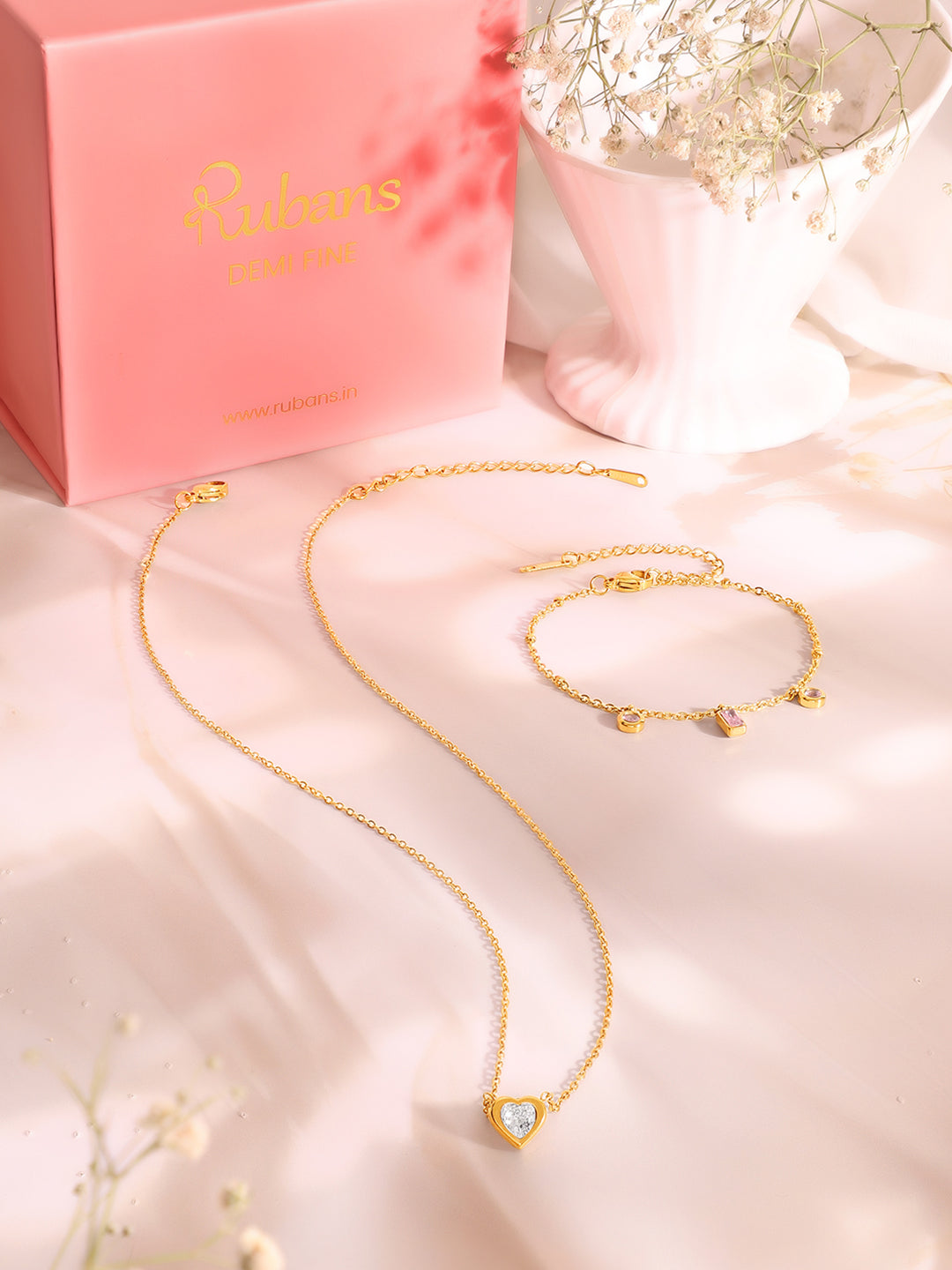 Demi Fine 18k Gold Plated Stainless Steel Crystal Charm Necklace & Bracelet  Set フリーサイズ