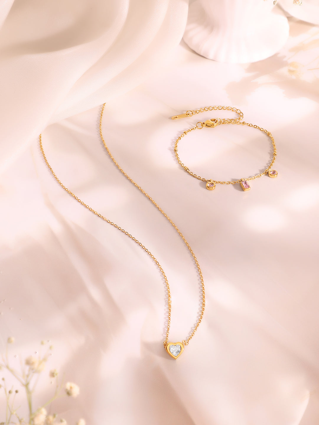 Demi Fine 18k Gold Plated Stainless Steel Crystal Charm Necklace & Bracelet  Set フリーサイズ