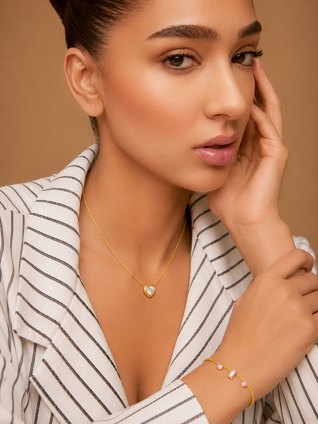 Demi Fine 18k Gold Plated Stainless Steel Crystal Charm Necklace & Bracelet  Set フリーサイズ