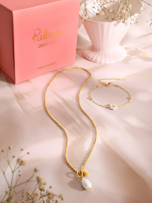 Demi Fine 18k Gold Plated Stainless Steel Pearl Necklace & Bracelet Set フリーサイズ