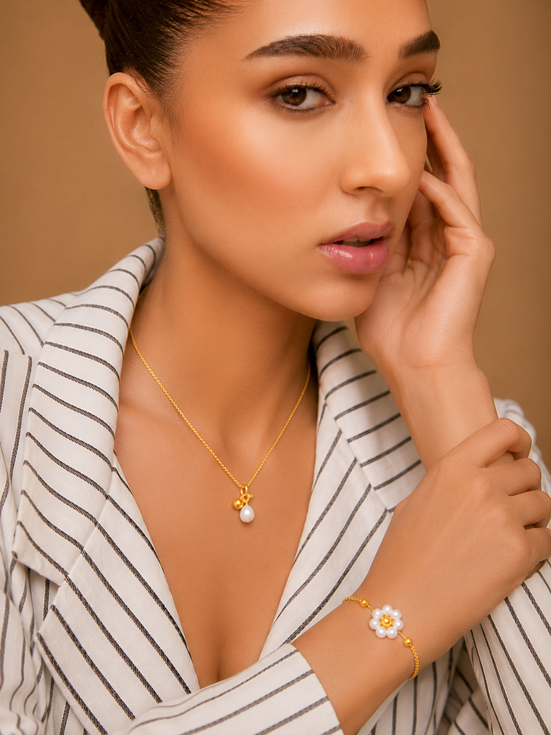 Demi Fine 18k Gold Plated Stainless Steel Pearl Necklace & Bracelet Set フリーサイズ