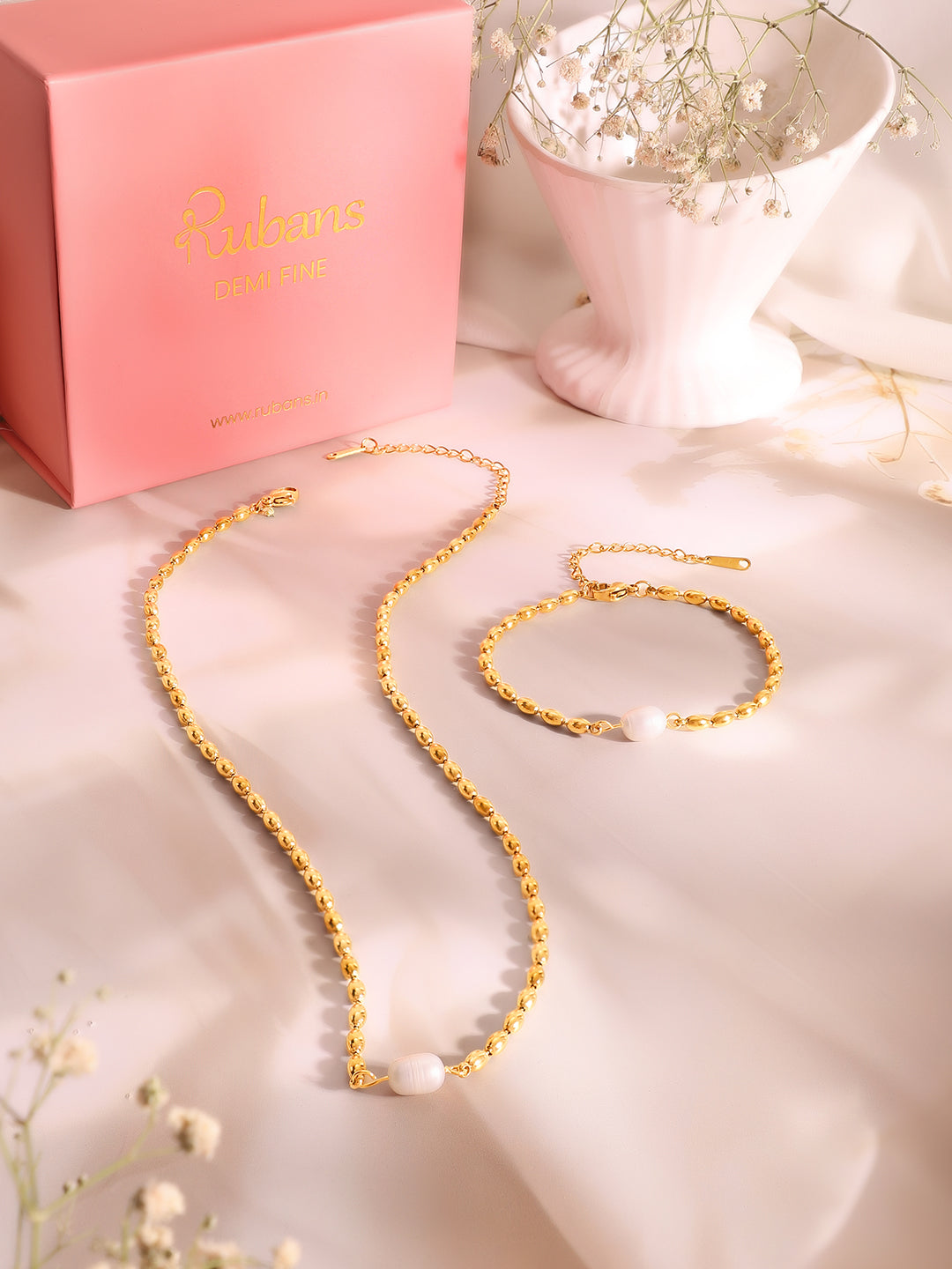 Demi Fine 18k Gold Plated Stainless Steel Beaded Pearl Necklace & Bracelet Set フリーサイズ