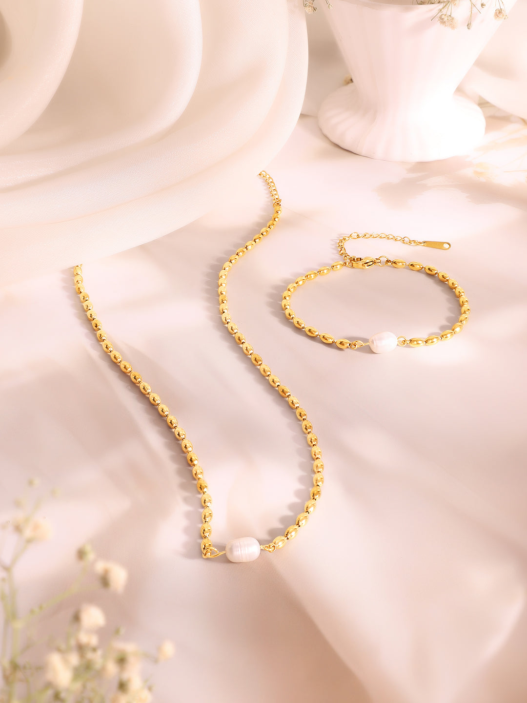 Demi Fine 18k Gold Plated Stainless Steel Beaded Pearl Necklace & Bracelet Set フリーサイズ