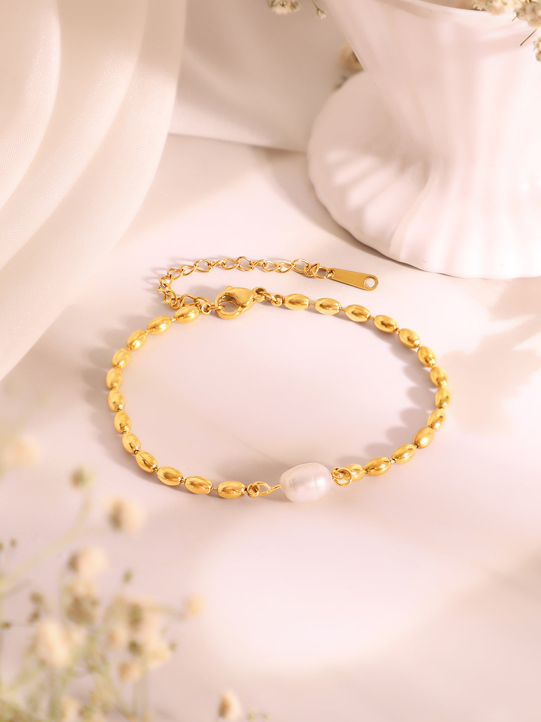 Demi Fine 18k Gold Plated Stainless Steel Beaded Pearl Necklace & Bracelet Set フリーサイズ