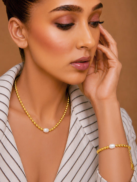 Demi Fine 18k Gold Plated Stainless Steel Beaded Pearl Necklace & Bracelet Set フリーサイズ