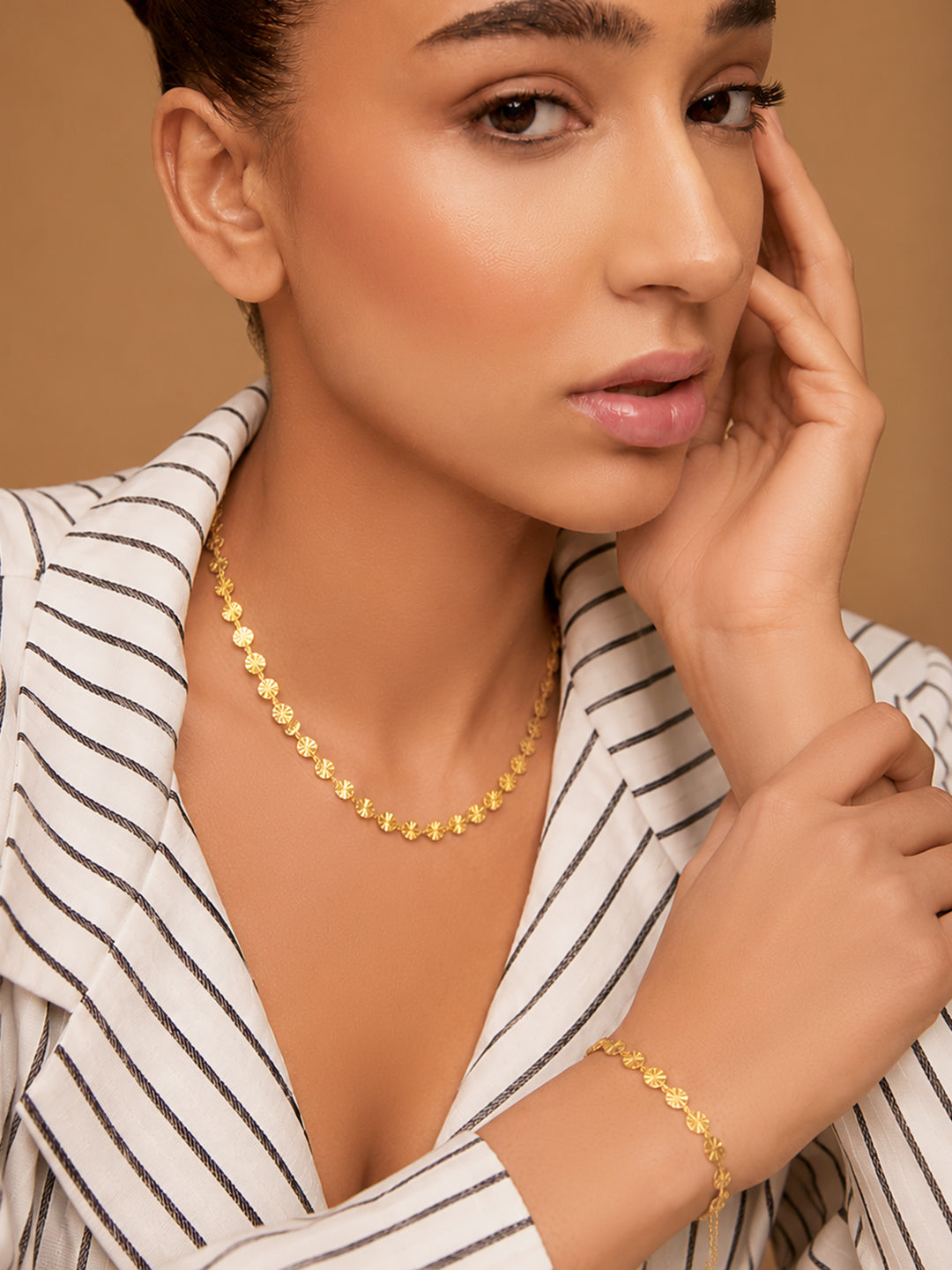 Demi Fine 18k Gold Plated Stainless Steel Textured Necklace & Bracelet Set フリーサイズ