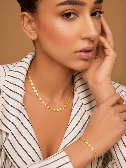 Demi Fine 18k Gold Plated Stainless Steel Textured Necklace & Bracelet Set フリーサイズ