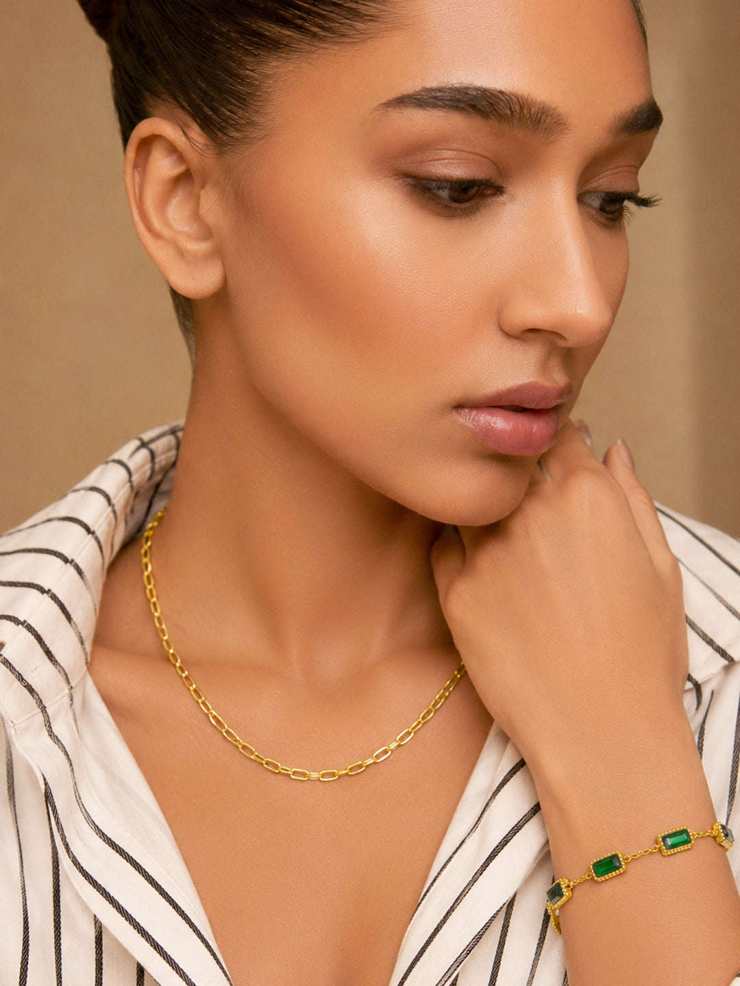 Demi Fine 18k Gold Plated Stainless Steel Paperclip Necklace With Emerald Crystal Bracelet Set フリーサイズ