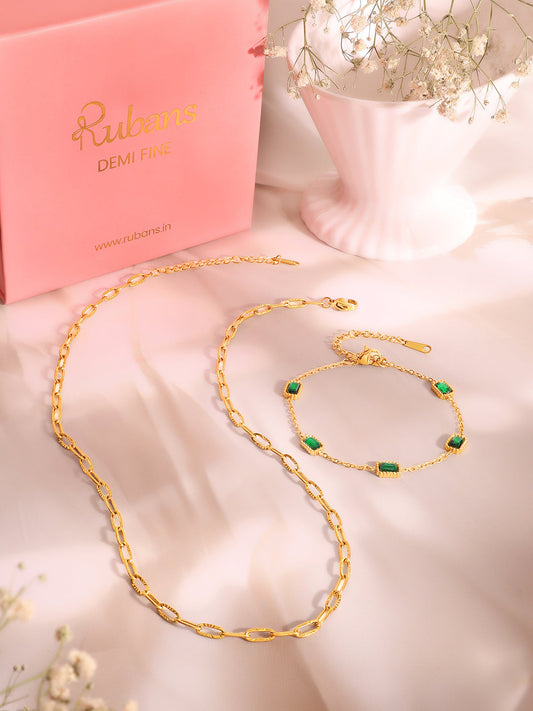 Demi Fine 18k Gold Plated Stainless Steel Paperclip Necklace With Emerald Crystal Bracelet Set フリーサイズ