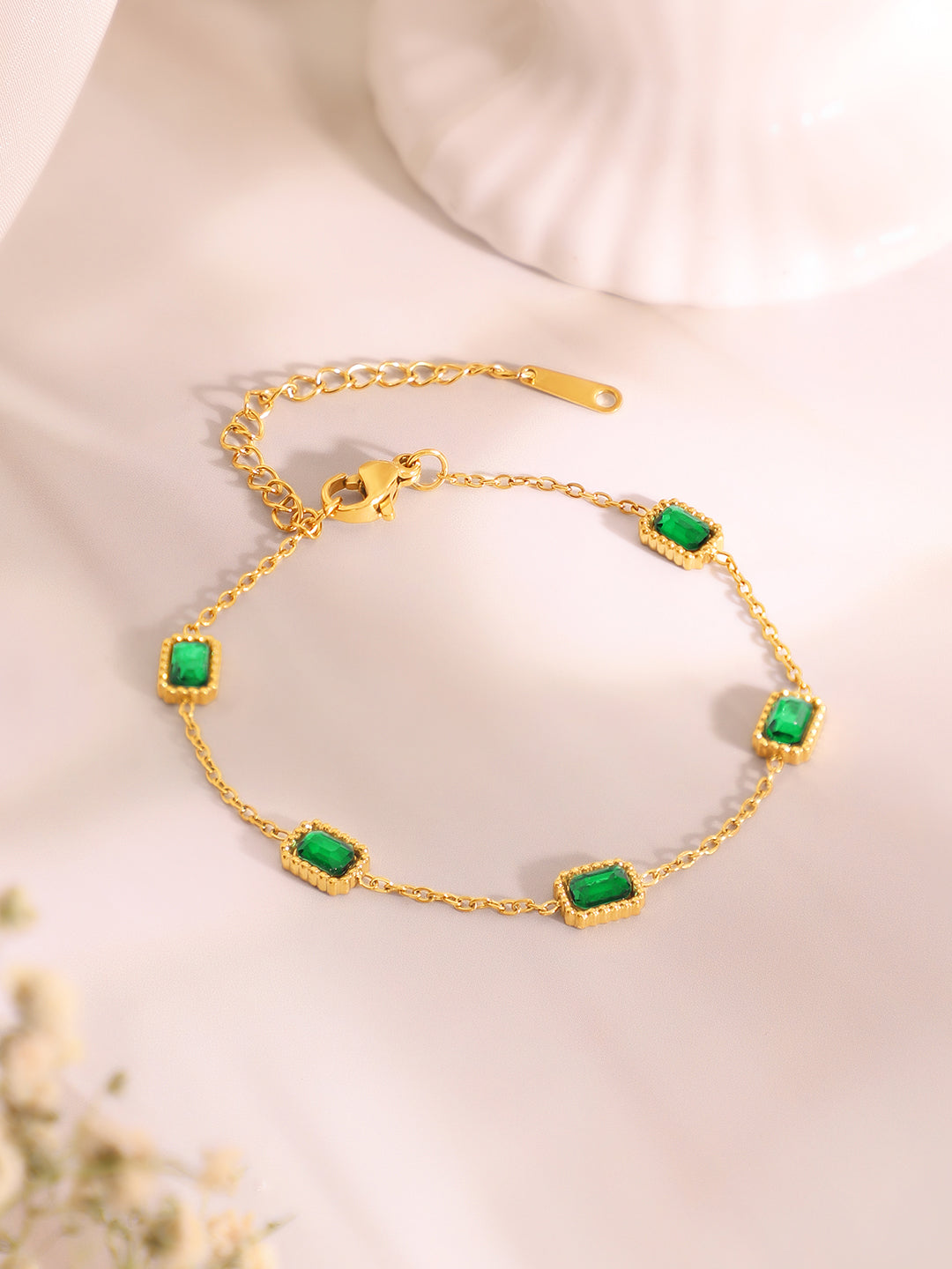 Demi Fine 18k Gold Plated Stainless Steel Paperclip Necklace With Emerald Crystal Bracelet Set フリーサイズ