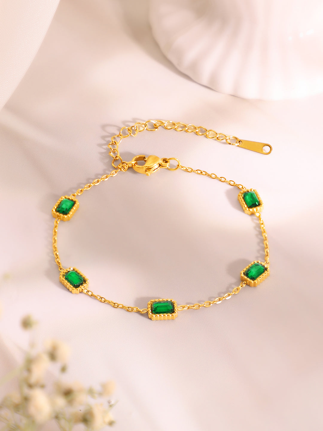 Demi Fine 18k Gold Plated Stainless Steel Paperclip Necklace With Emerald Crystal Bracelet Set フリーサイズ