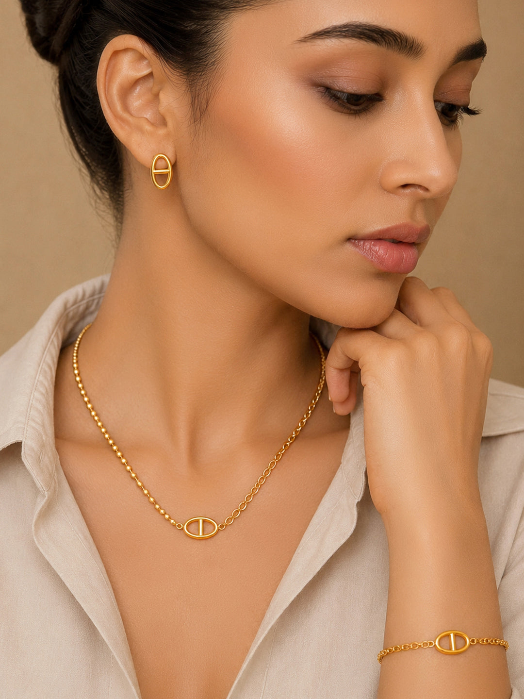 Demi Fine 18k Gold Plated Stainless Steel Loop Design Combo Set フリーサイズ