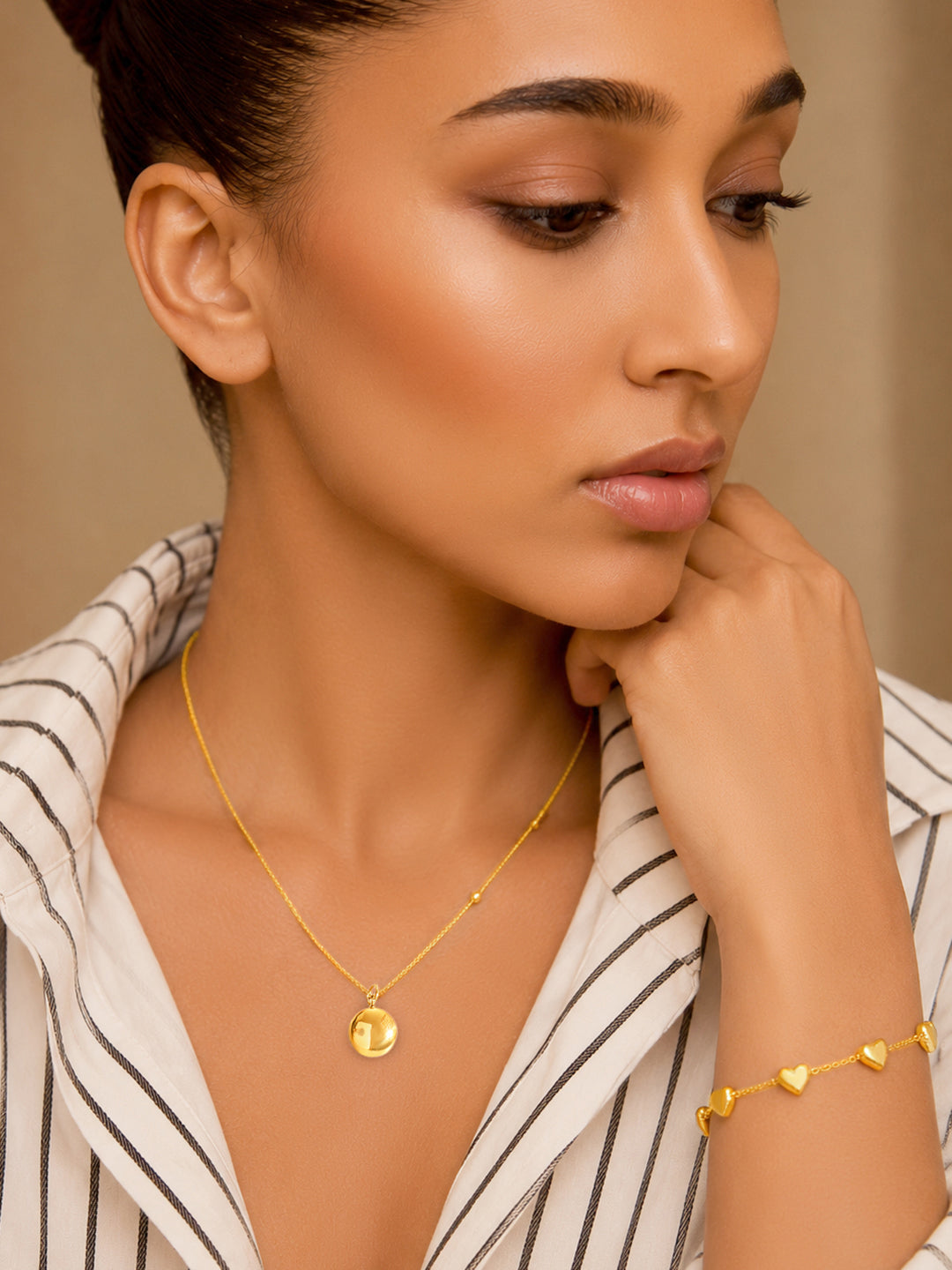 Demi Fine 18k Gold Plated Stainless Steel Minimal Ball Pendant Paired With Heart Charm Bracelet Set フリーサイズ