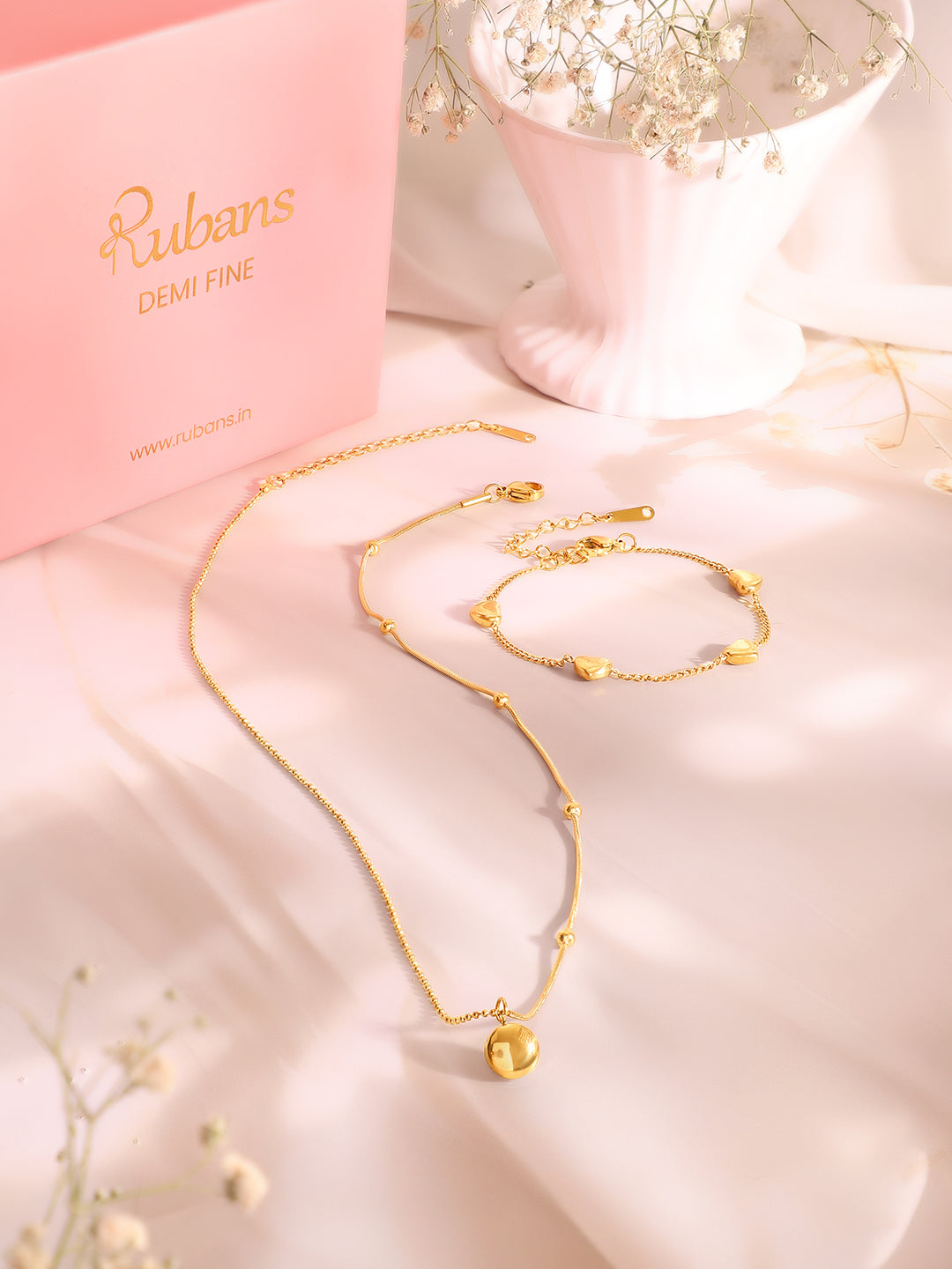 Demi Fine 18k Gold Plated Stainless Steel Minimal Ball Pendant Paired With Heart Charm Bracelet Set フリーサイズ