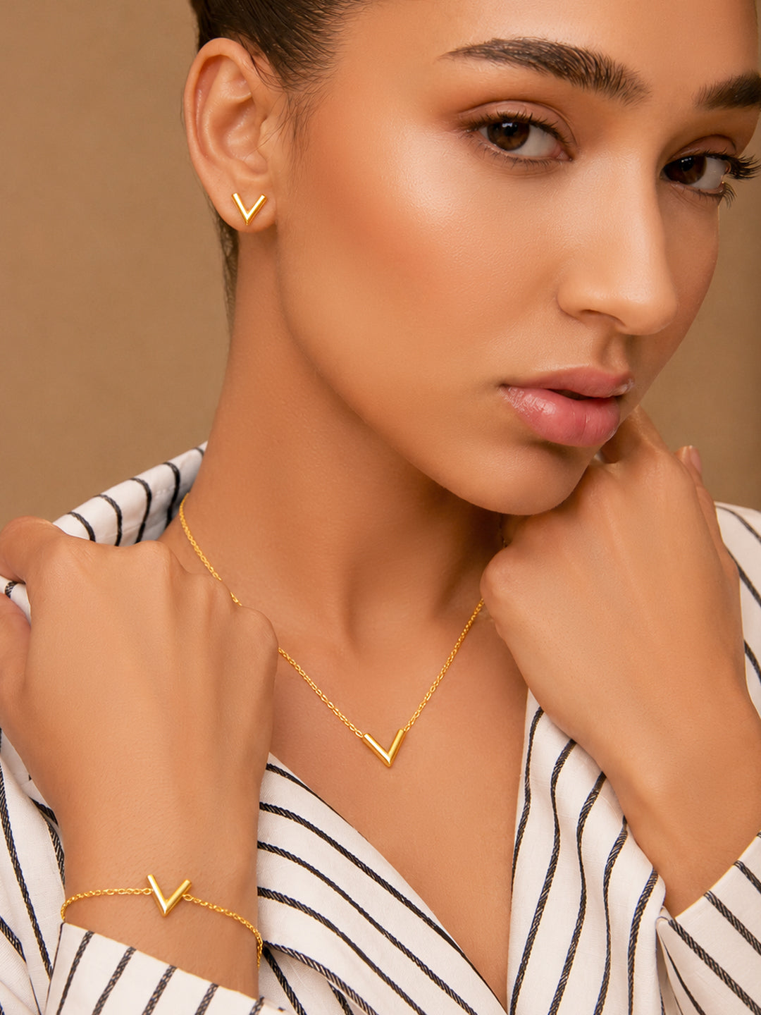 Demi Fine 18k Gold Plated Stainless Steel V Design Combo Set フリーサイズ
