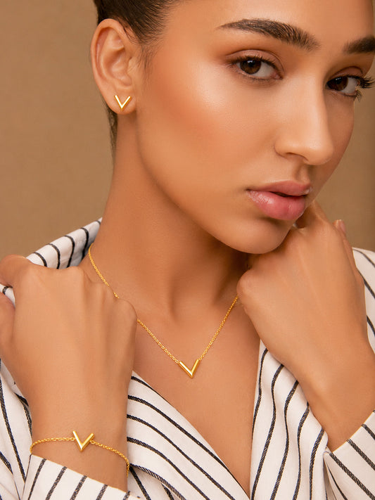 Demi Fine 18k Gold Plated Stainless Steel V Design Combo Set フリーサイズ