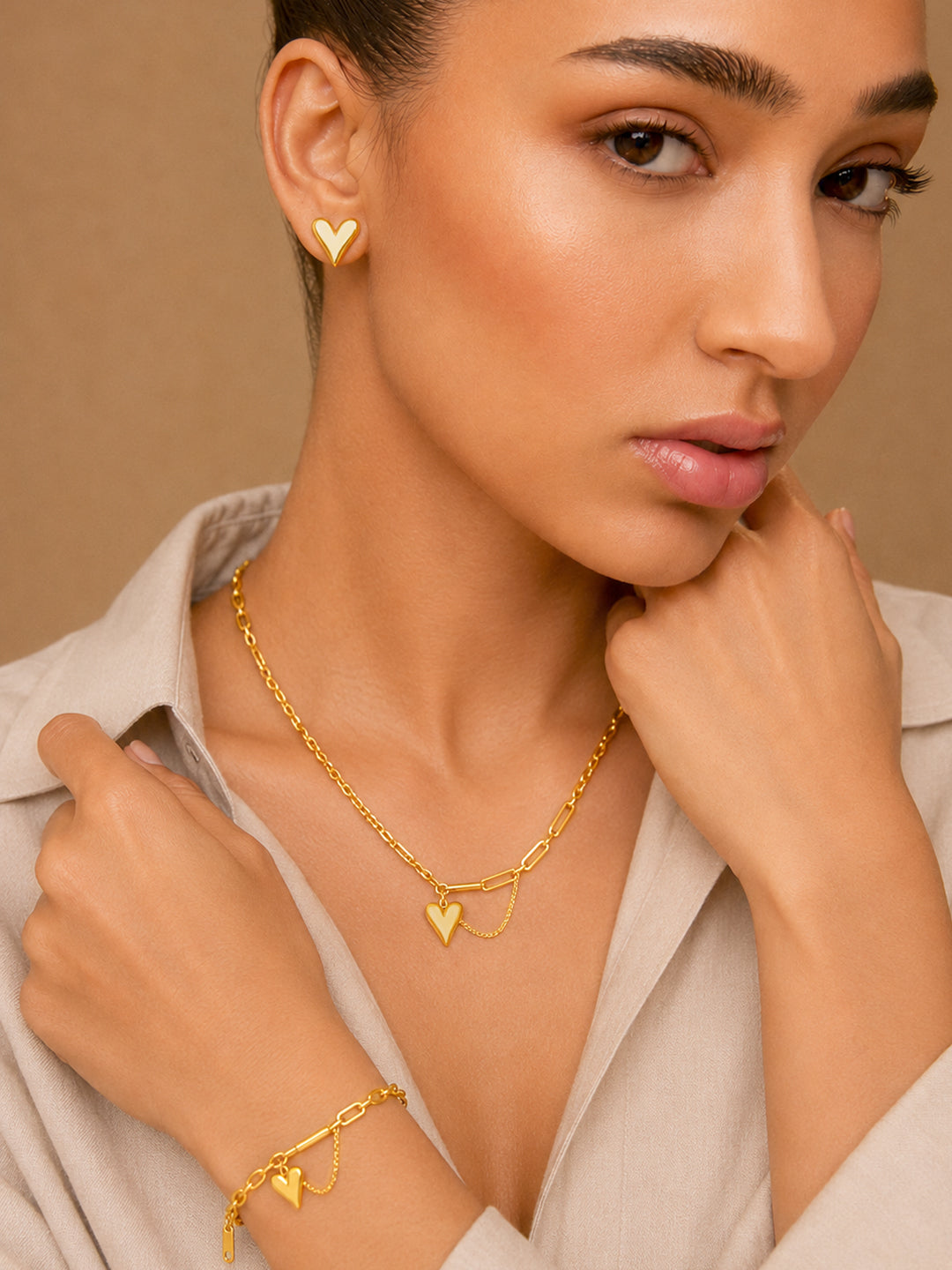 Demi Fine 18k Gold Plated Stainless Steel Heart Motif Combo Set フリーサイズ