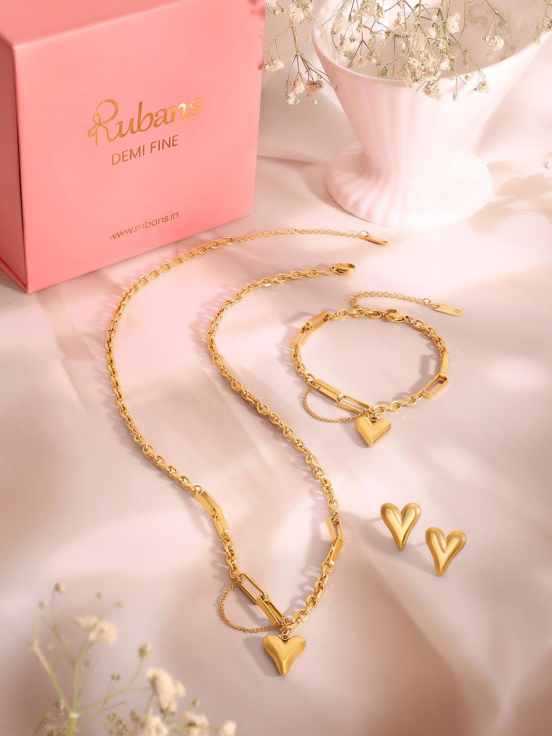 Demi Fine 18k Gold Plated Stainless Steel Heart Motif Combo Set フリーサイズ