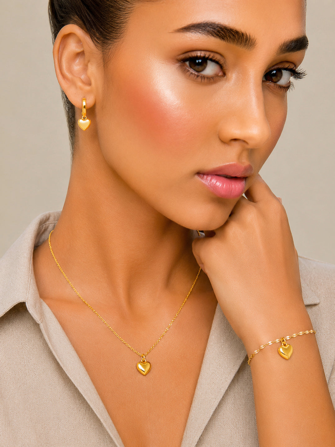 Demi Fine 18k Gold Plated Stainless Steel Heart Motif Combo Set フリーサイズ