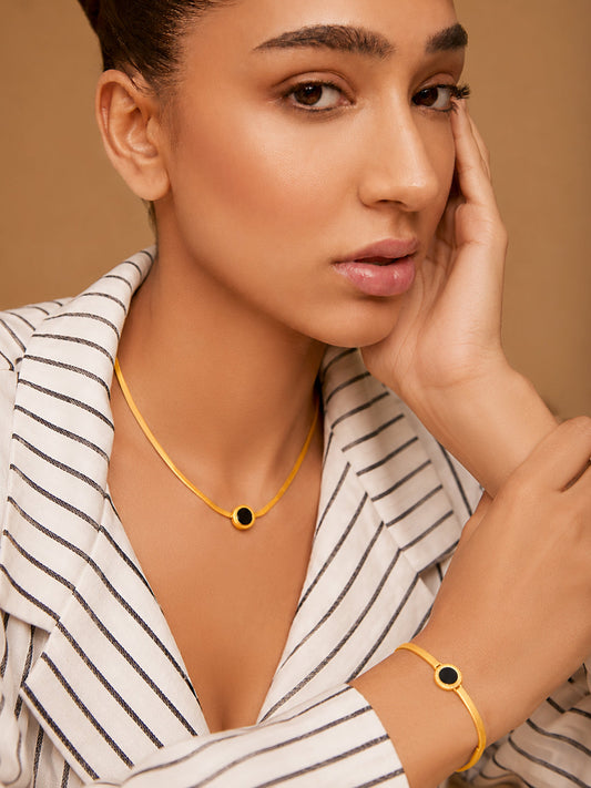 Demi Fine 18k Gold Plated Stainless Steel Black Enamel Necklace & Bracelet Set フリーサイズ