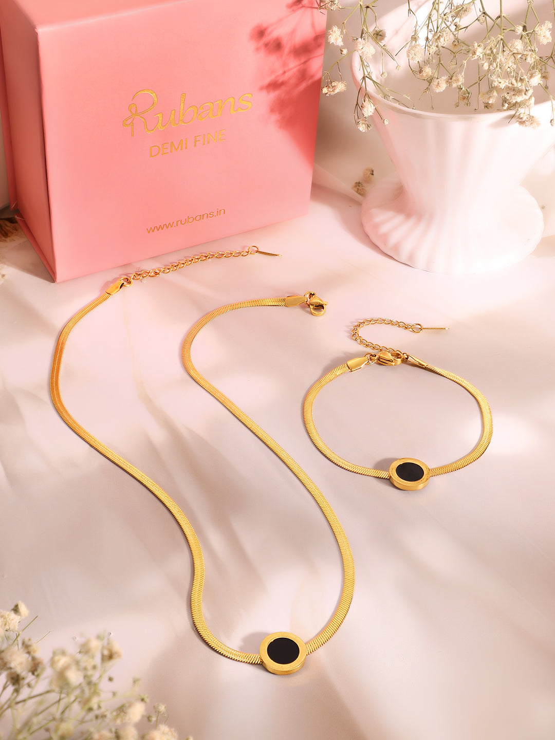 Demi Fine 18k Gold Plated Stainless Steel Black Enamel Necklace & Bracelet Set フリーサイズ