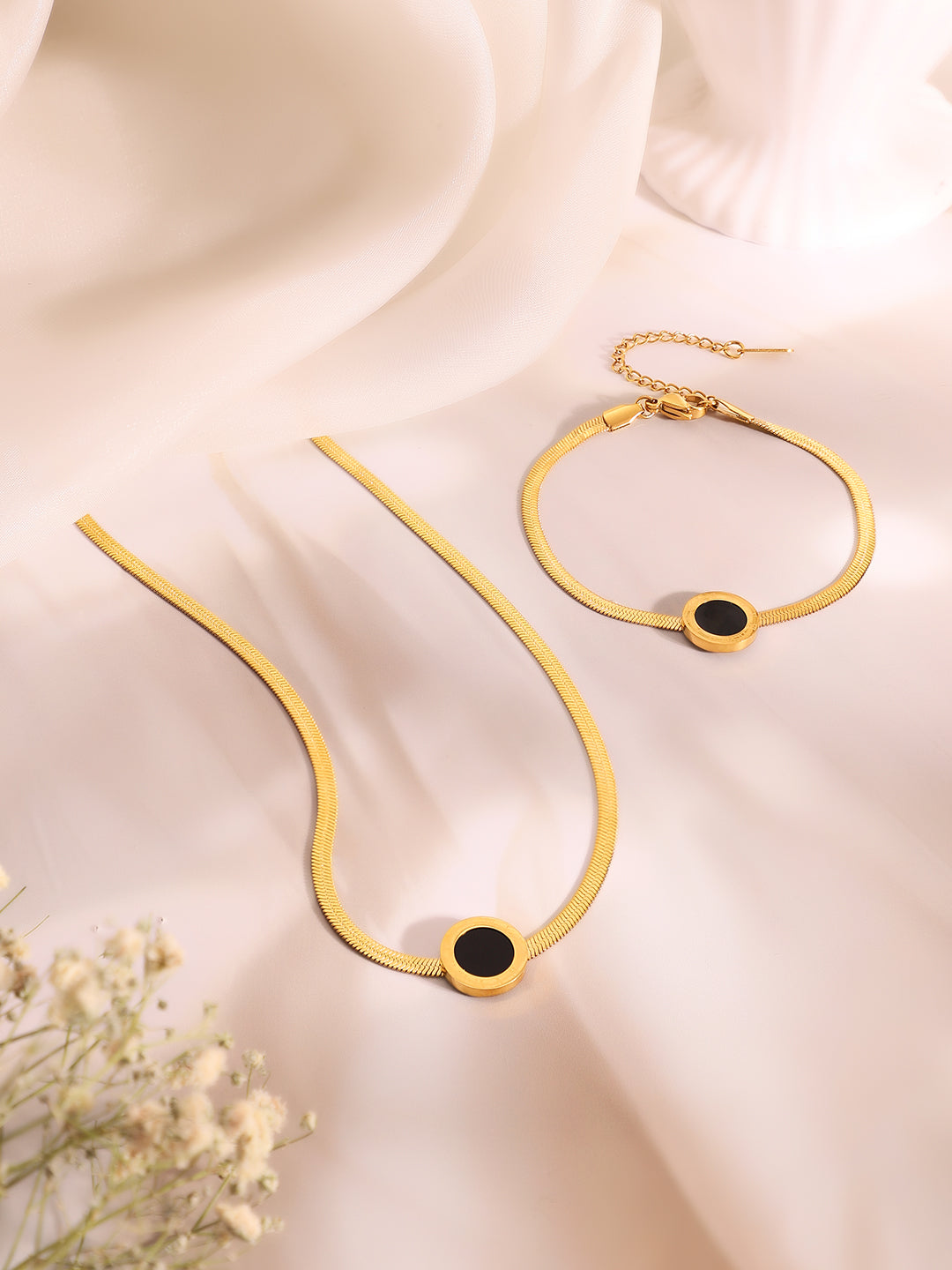 Demi Fine 18k Gold Plated Stainless Steel Black Enamel Necklace & Bracelet Set フリーサイズ