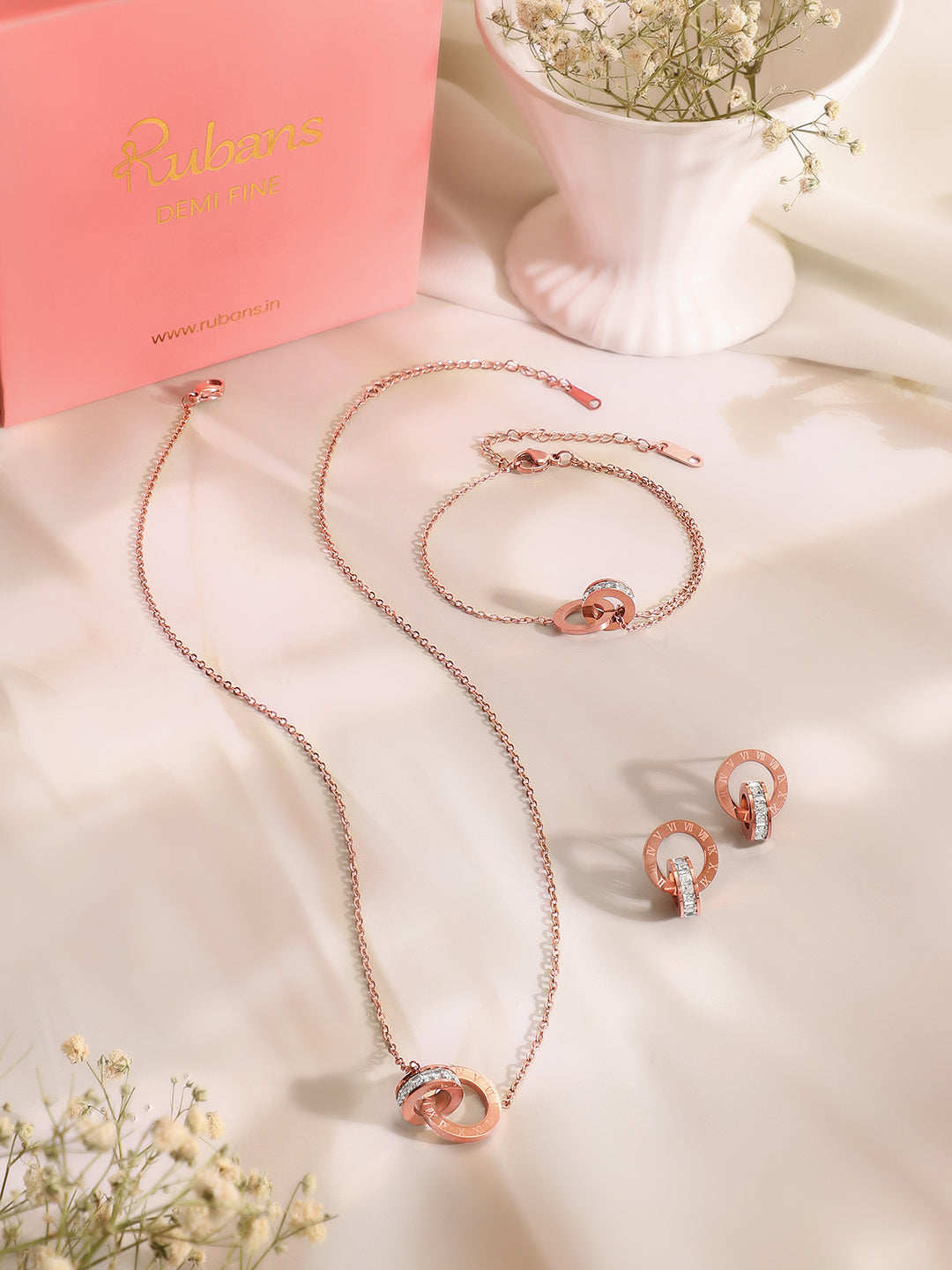 Demi Fine 18k Rose Gold Plated Stainless Steel Interlocked Design Combo Set フリーサイズ