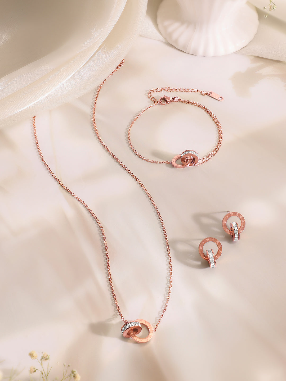 Demi Fine 18k Rose Gold Plated Stainless Steel Interlocked Design Combo Set フリーサイズ
