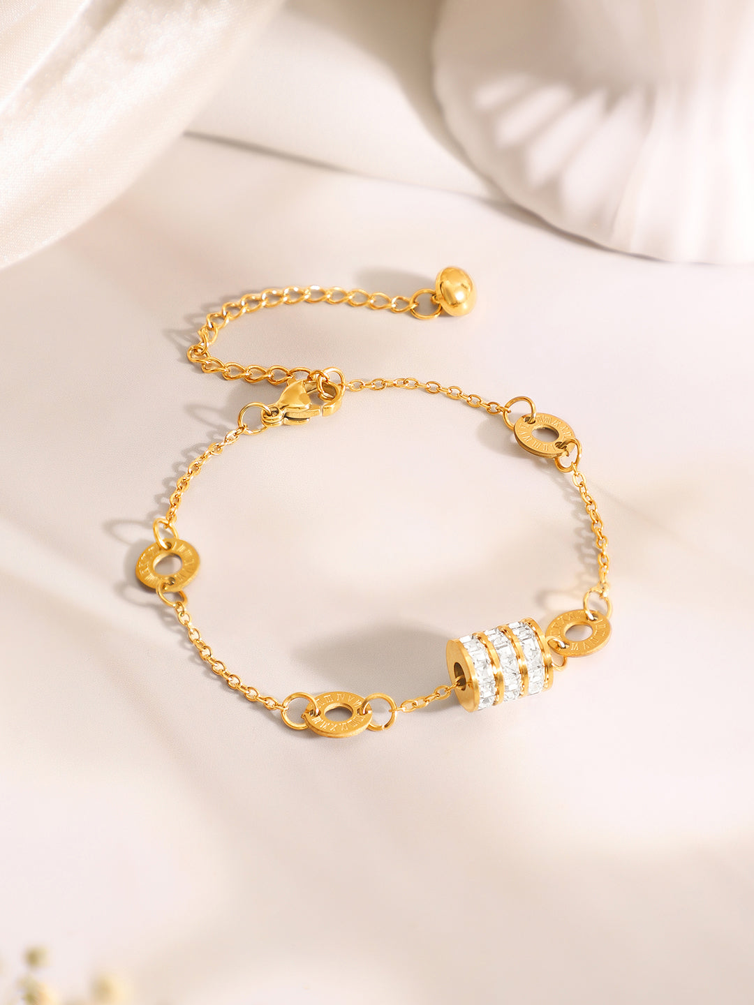Demi Fine 18k Gold Plated Stainless Steel Coin Charm Bracelet Paired With Crystal Necklace Set フリーサイズ