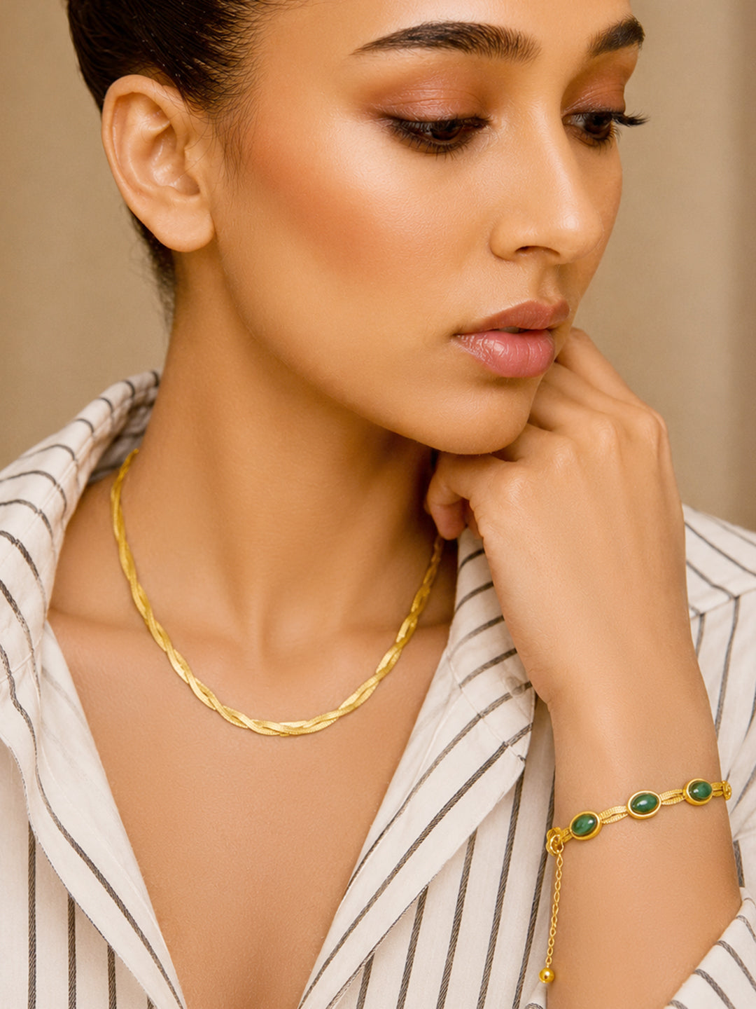 Demi Fine 18k Gold Toned Stainless Steel Snake Design Necklace With Emerald Green Statement Bracelet Set フリーサイズ